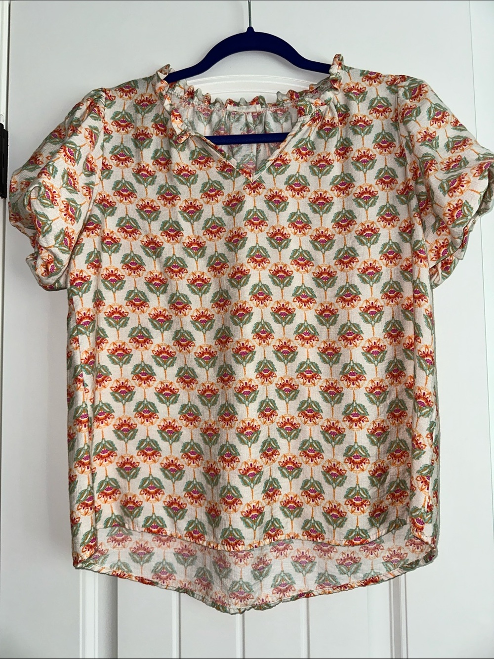 Floral Short-Sleeve Blouse in Cream with Orange & Green Print